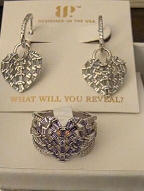 BP Silver Heart "Unicorn" Earrings and Ring Set with Purple Accents